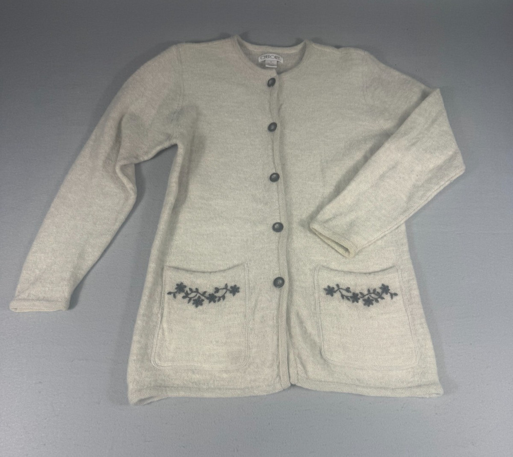 Vintage Cherokee 100% Wool Floral Embroidered Cardigan Sweater Womens Medium